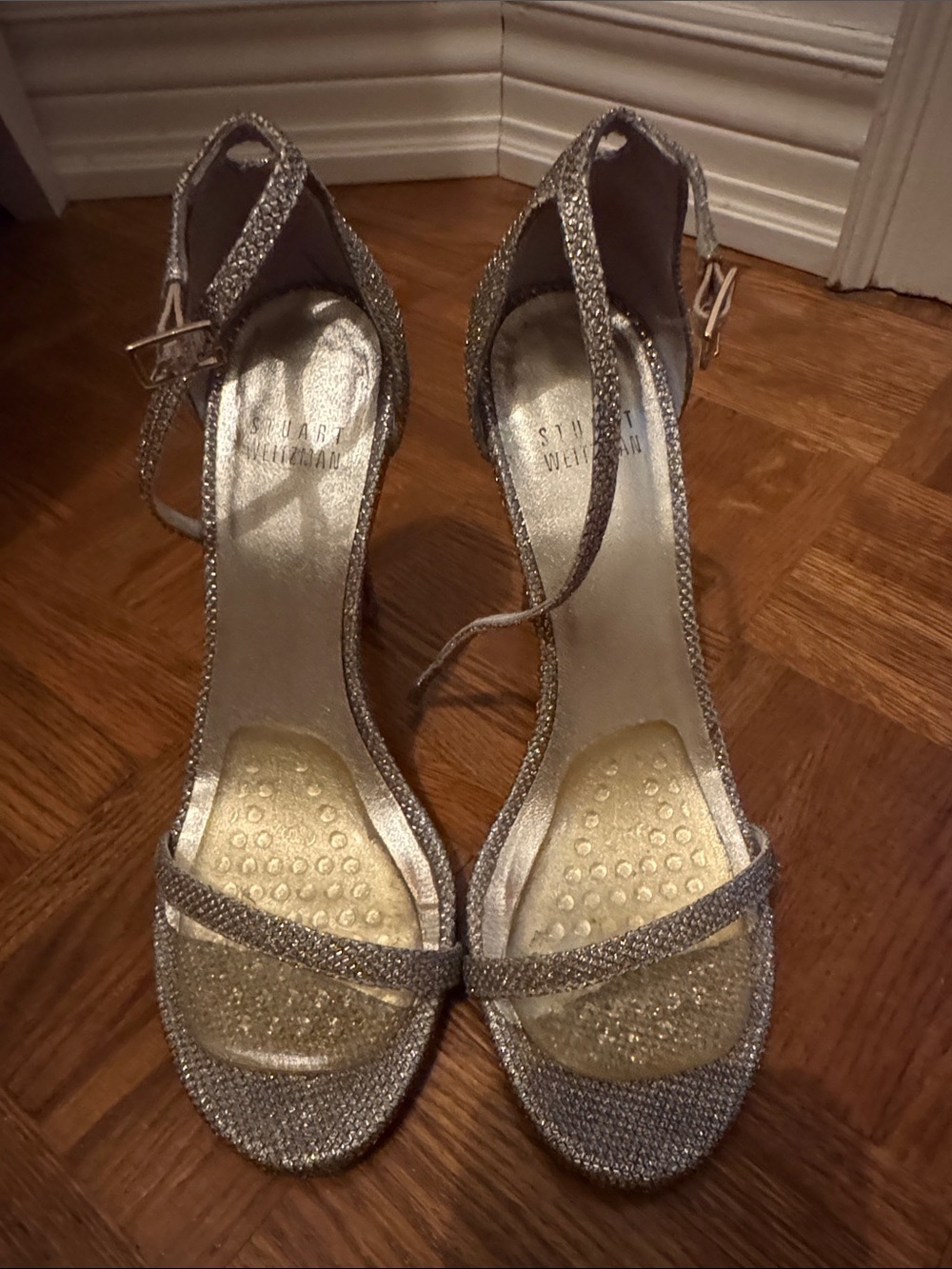 Stuart Weitzman Silver Glitter Strappy Ankle-Heels
